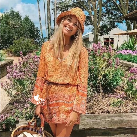 Boho Floral Gypsy Print V Neck Tunic Dress Yellow - Picture 2 of 5